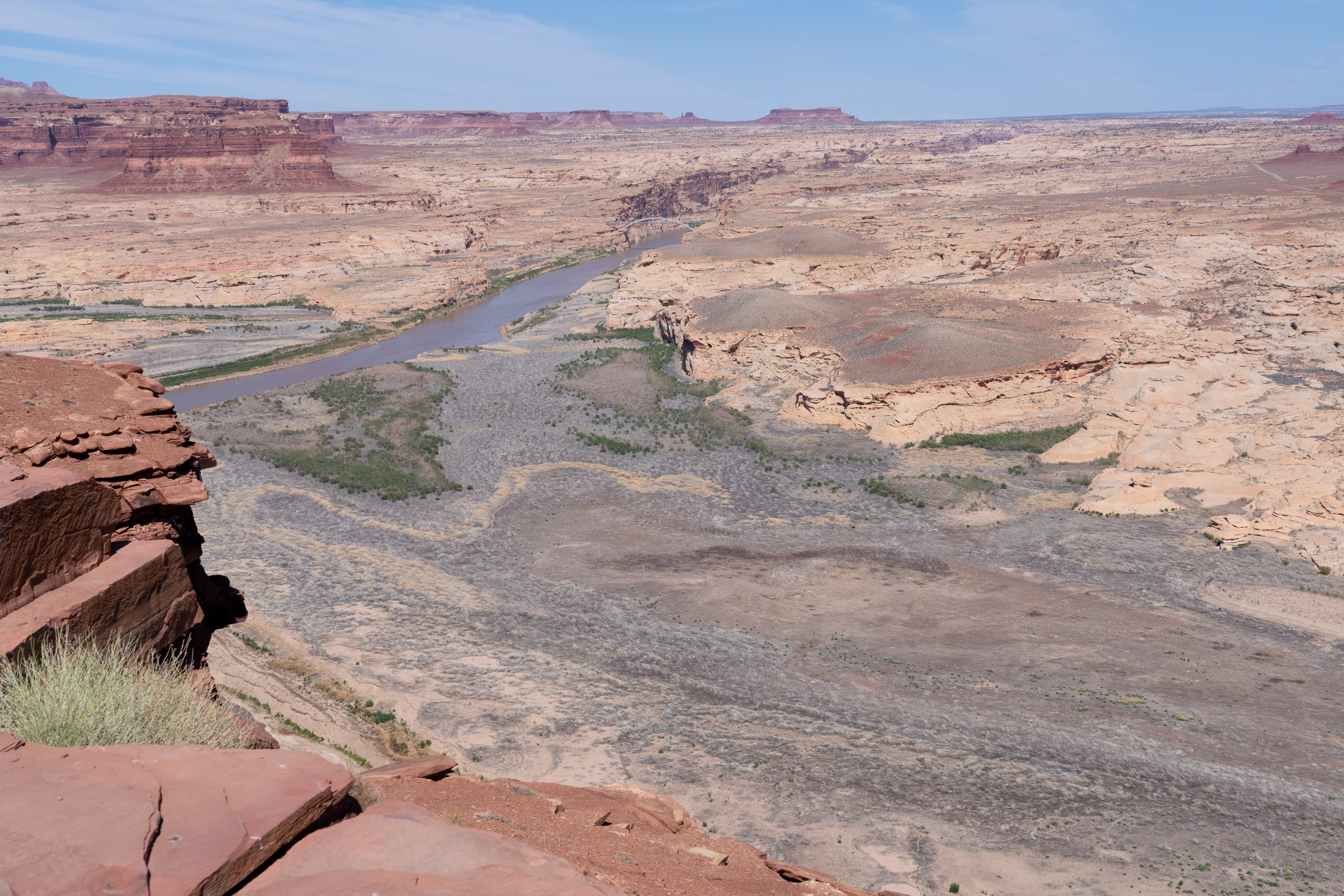 Low water levels along the Colorado River in a drought-stricken landscape.