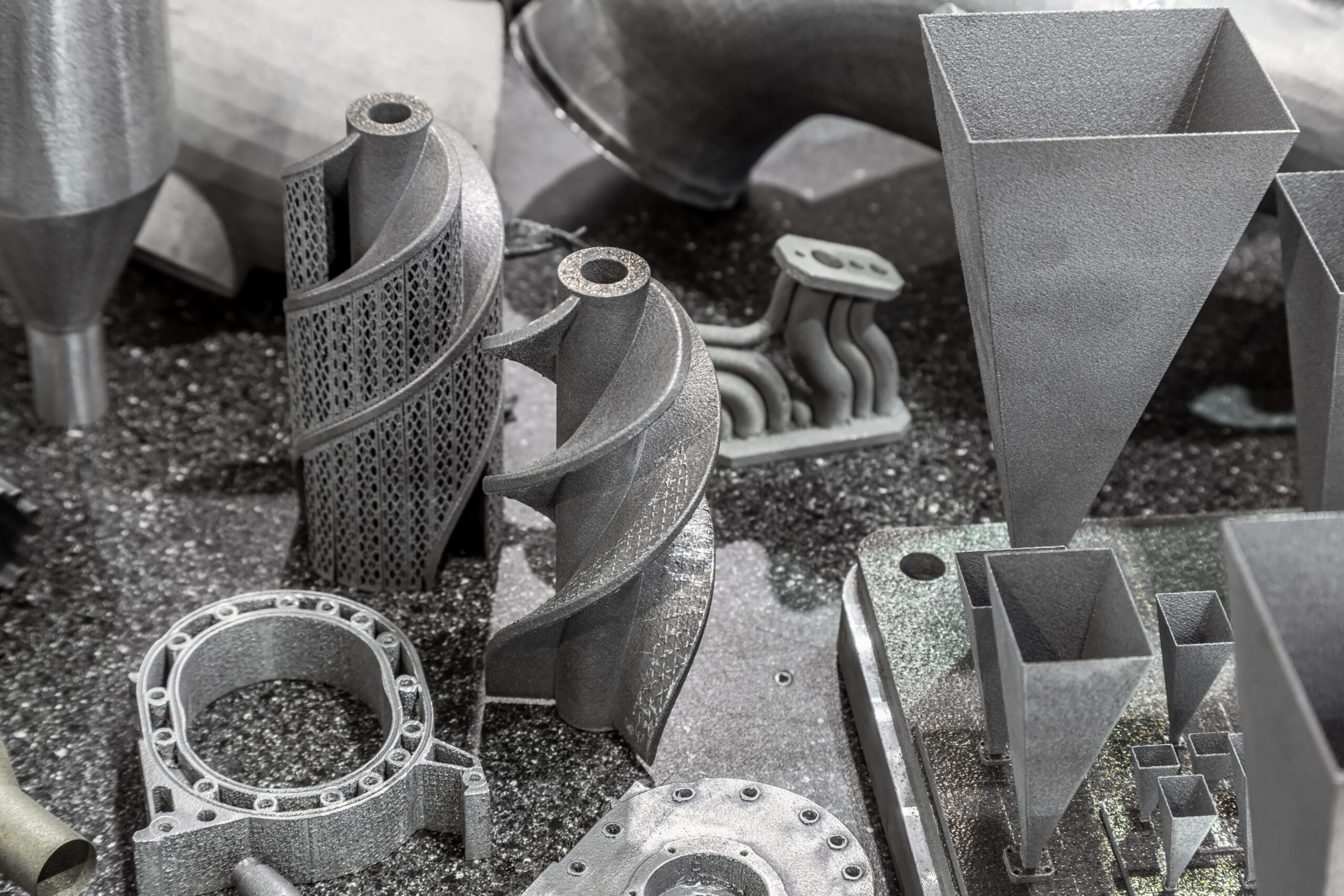 Assorted components produced through industrial additive manufacturing.