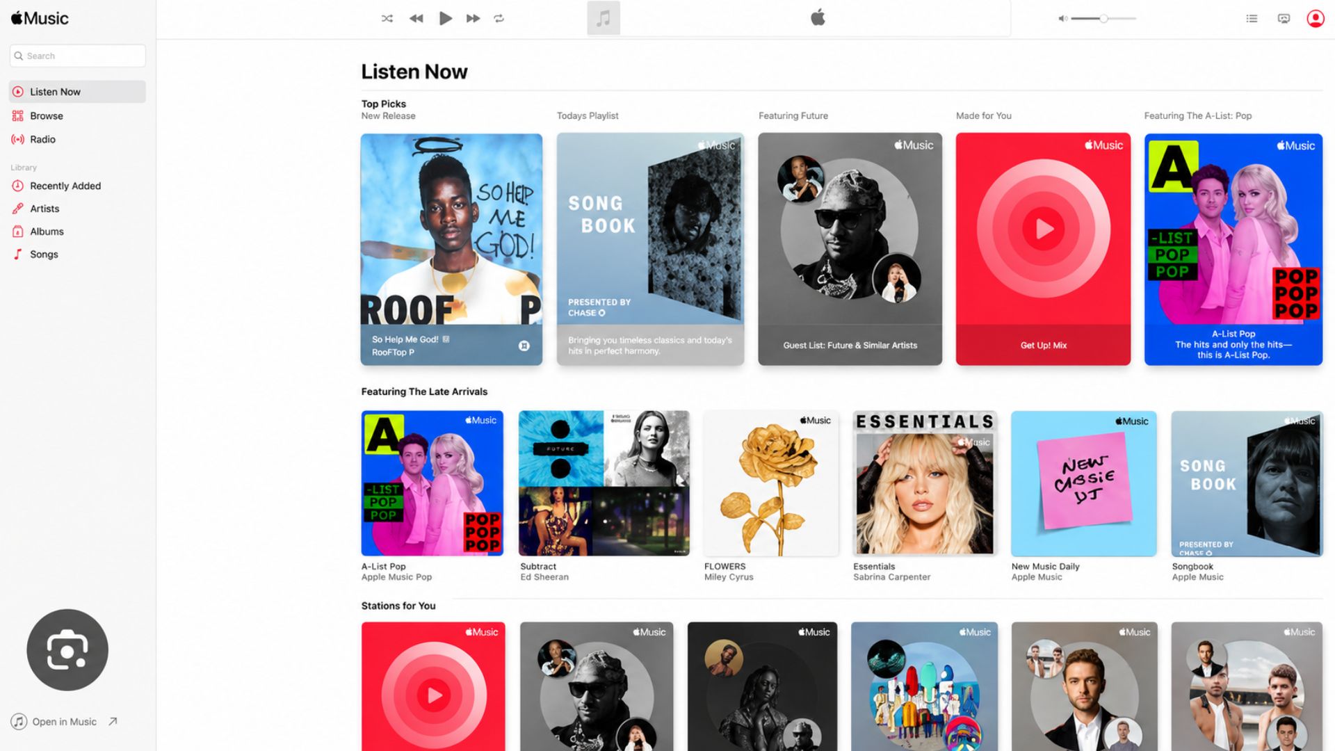 Apple Music Listen Now page displaying personalized playlists, albums, and featured recommendations.