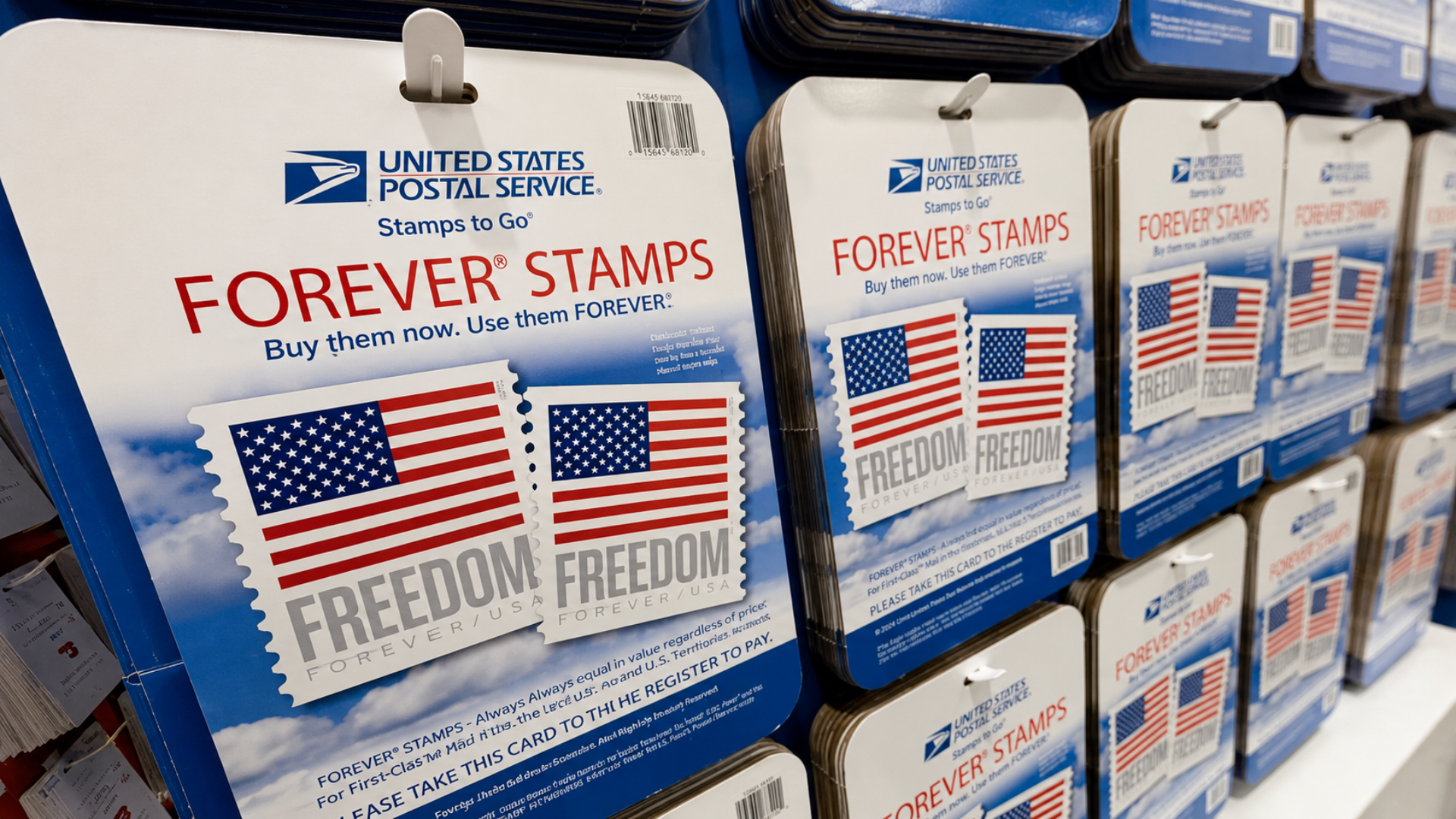 USPS Forever Stamps displayed on retail racks inside a United States Postal Service post office.
