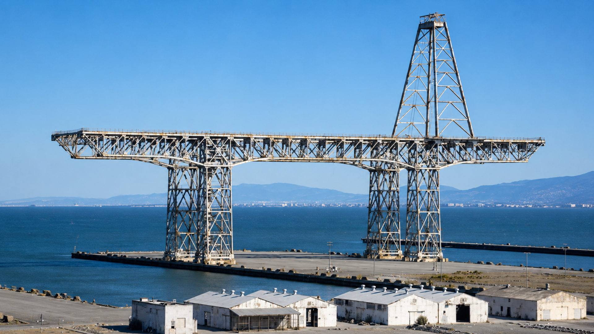 The historic gantry crane at the Hunters Point Naval Shipyard in San Francisco overlooking the bay.