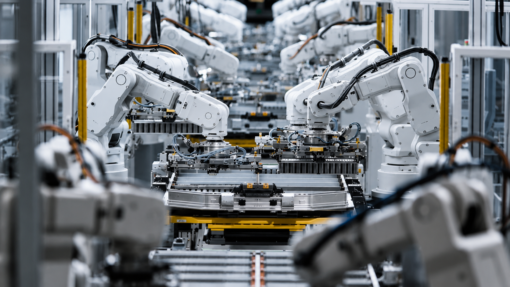 Robotic arms working along an automated manufacturing assembly line.
