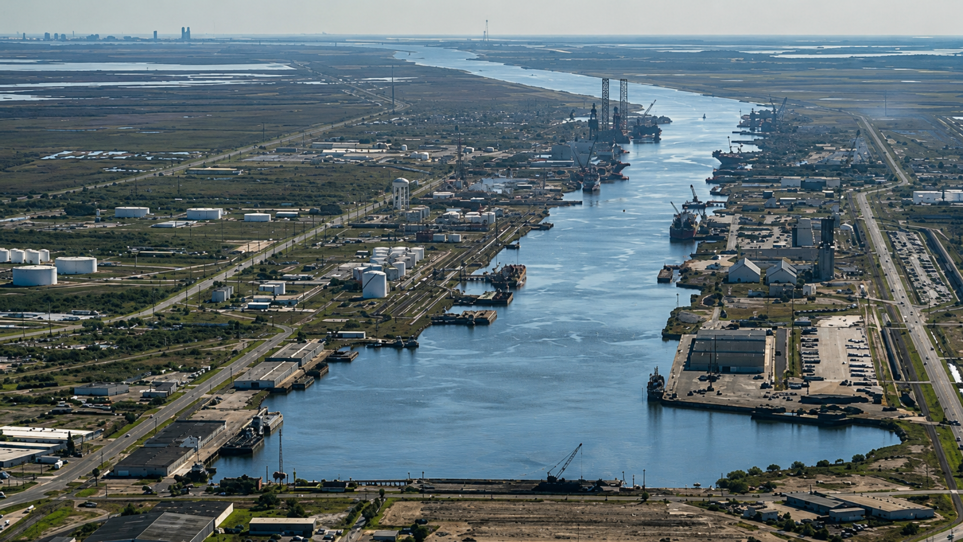 An aerial view of the Port of Brownsville ship channel lined with industrial facilities and storage tanks in Texas.