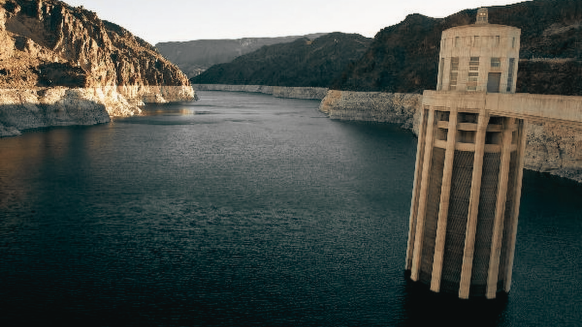White bathtub rings visible along the canyon walls of Lake Mead due to low water levels at Hoover Dam.