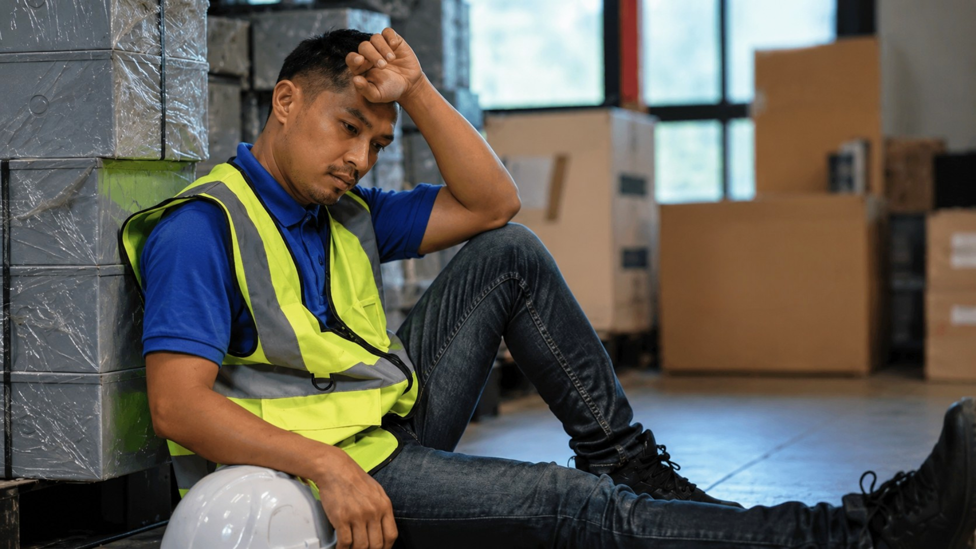 A tired warehouse worker sitting on the floor leaning against stacked boxes while wiping his forehead.