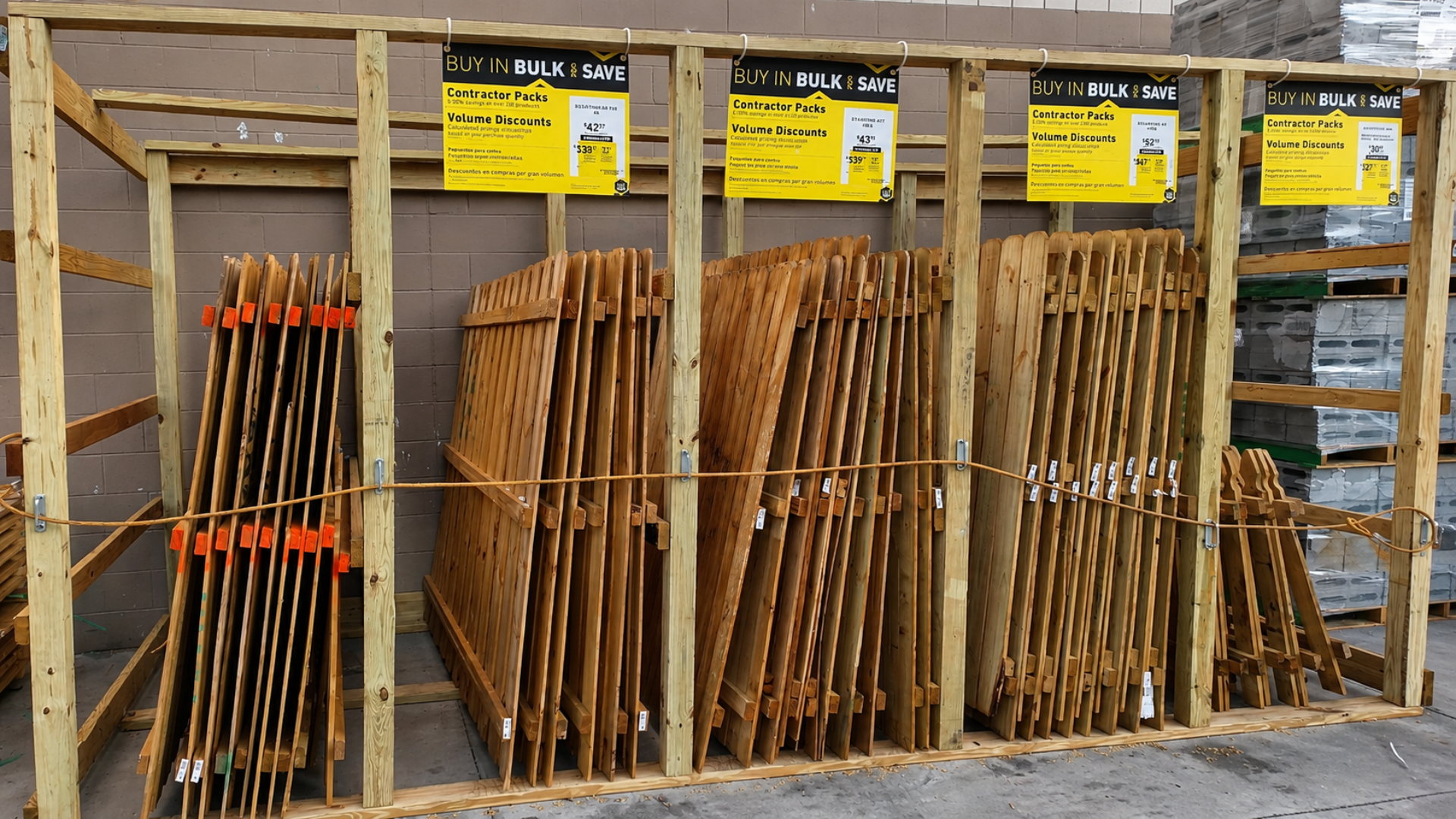 Wood fence panels displayed in bulk storage at a home improvement store.