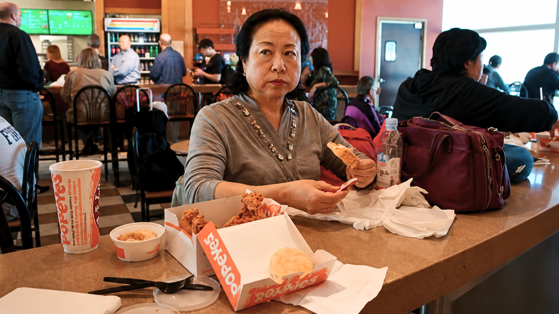 Customer eating a Popeyes meal at a table inside a Popeyes restaurant.