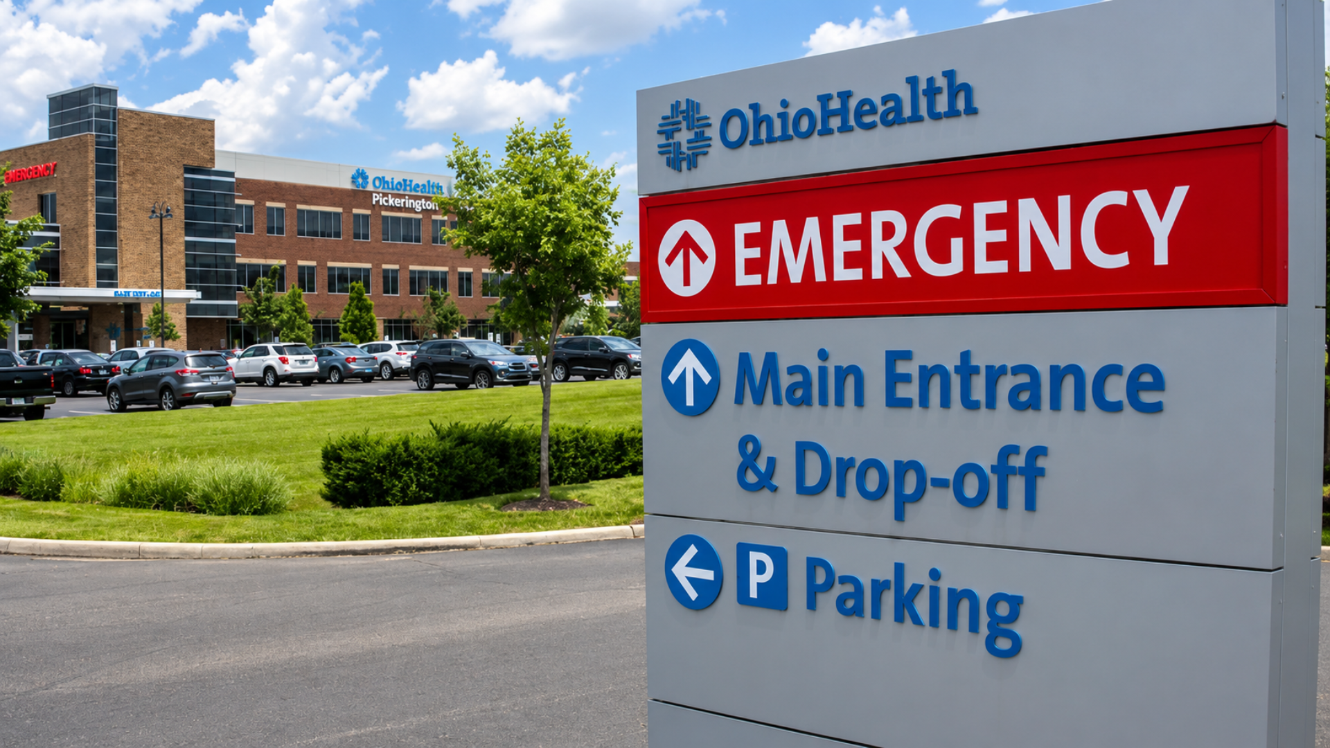 A large grey directional sign for an OhioHealth hospital pointing toward the emergency department and main entrance.