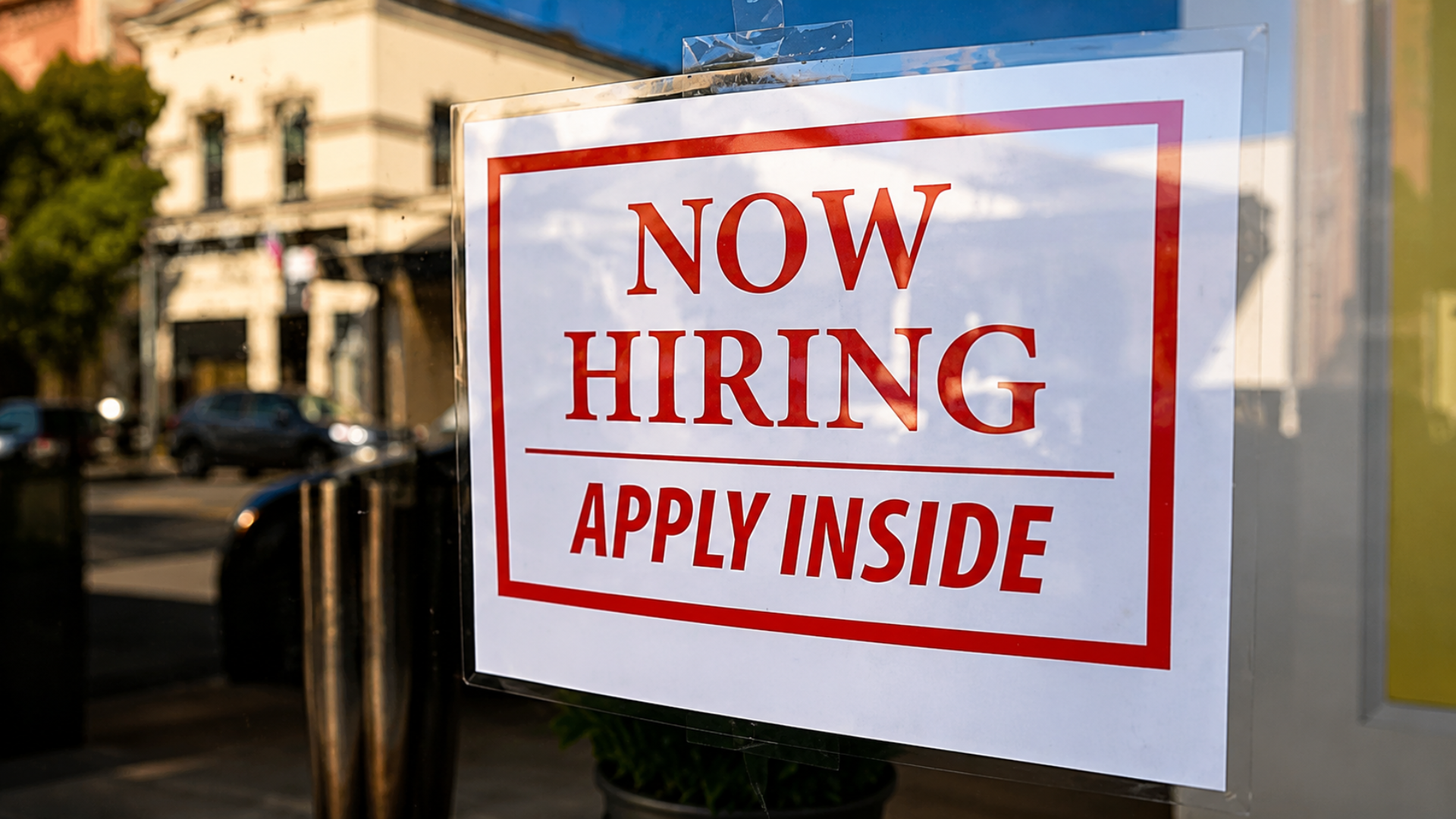 Now hiring sign posted in a storefront window.