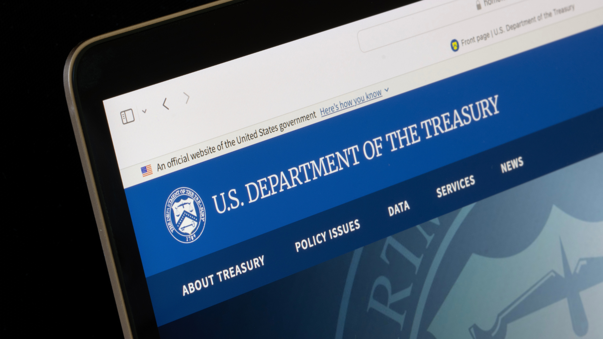 A close-up of a computer screen displaying the homepage of the U.S. Department of the Treasury website.