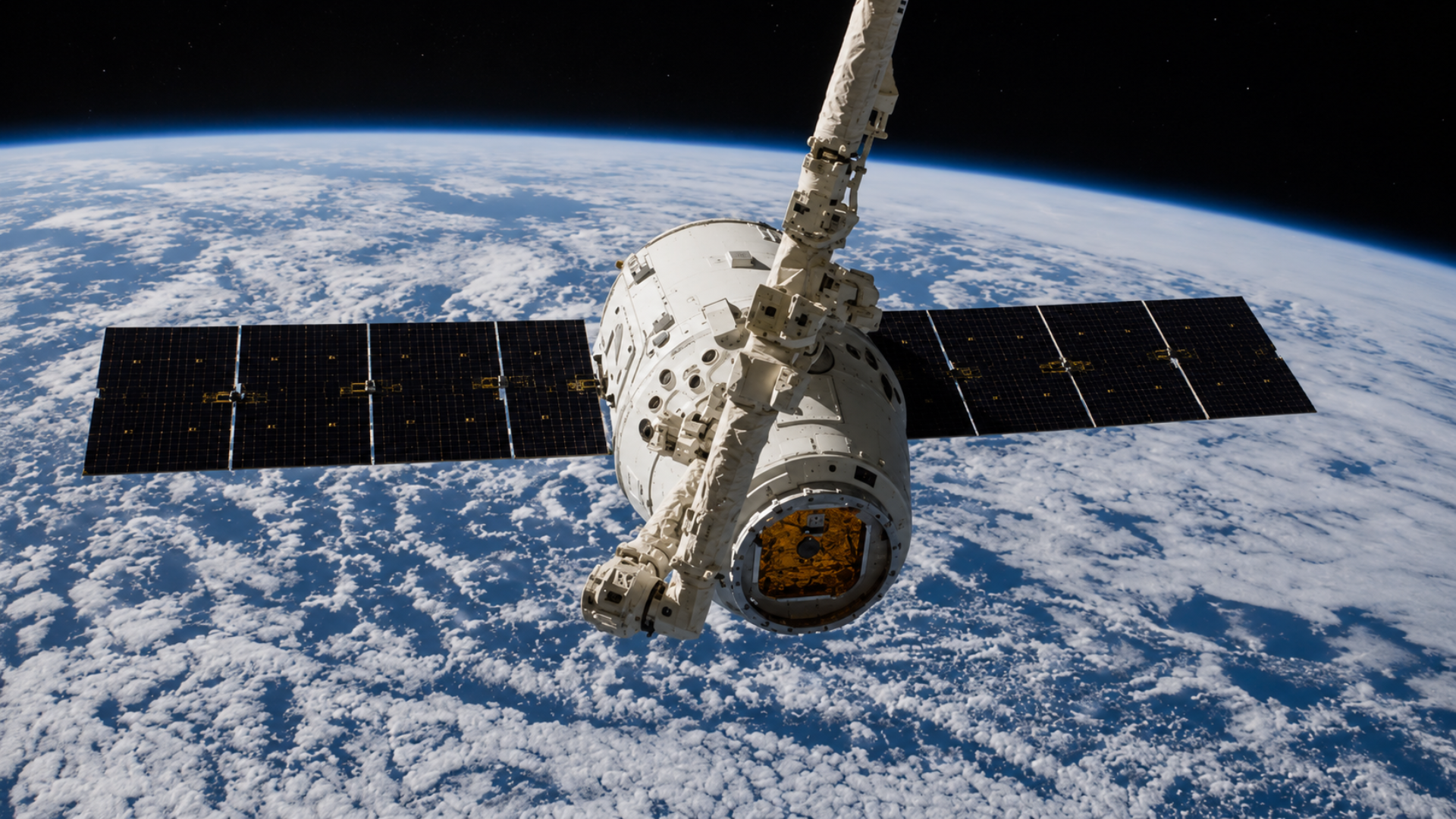 Satellite with solar panels orbiting above Earth.