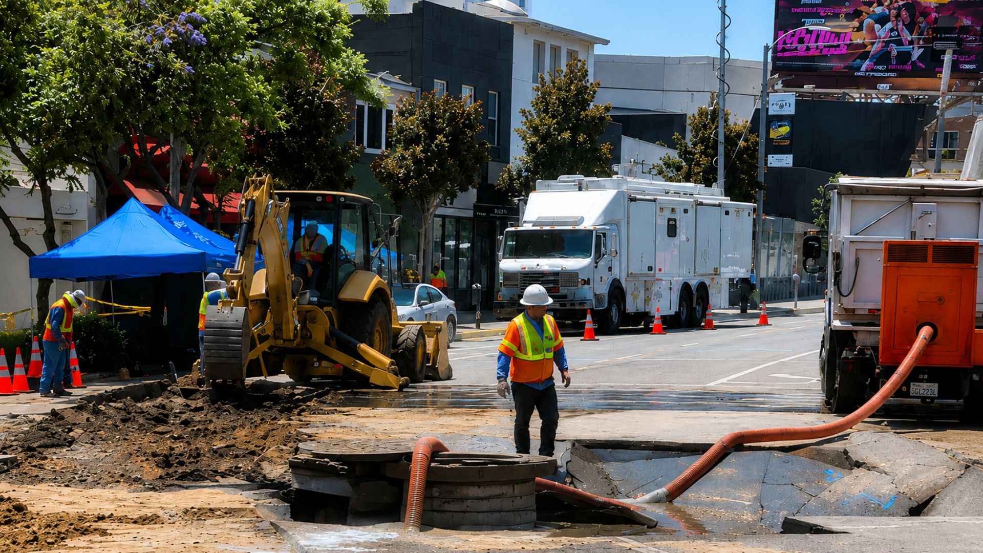 Utility workers repair a water main break as excavation equipment and service trucks line a city street.