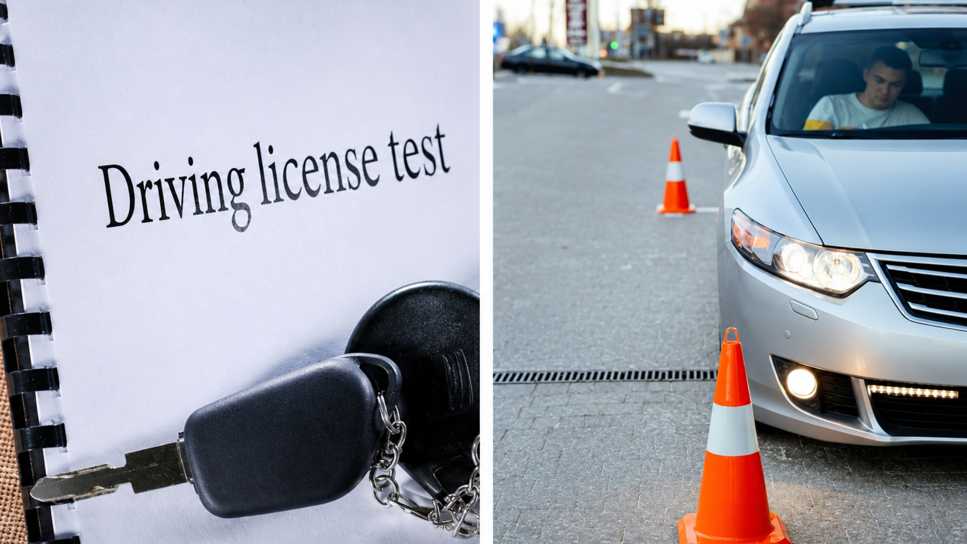 Driving license test materials beside a driver practicing between traffic cones.