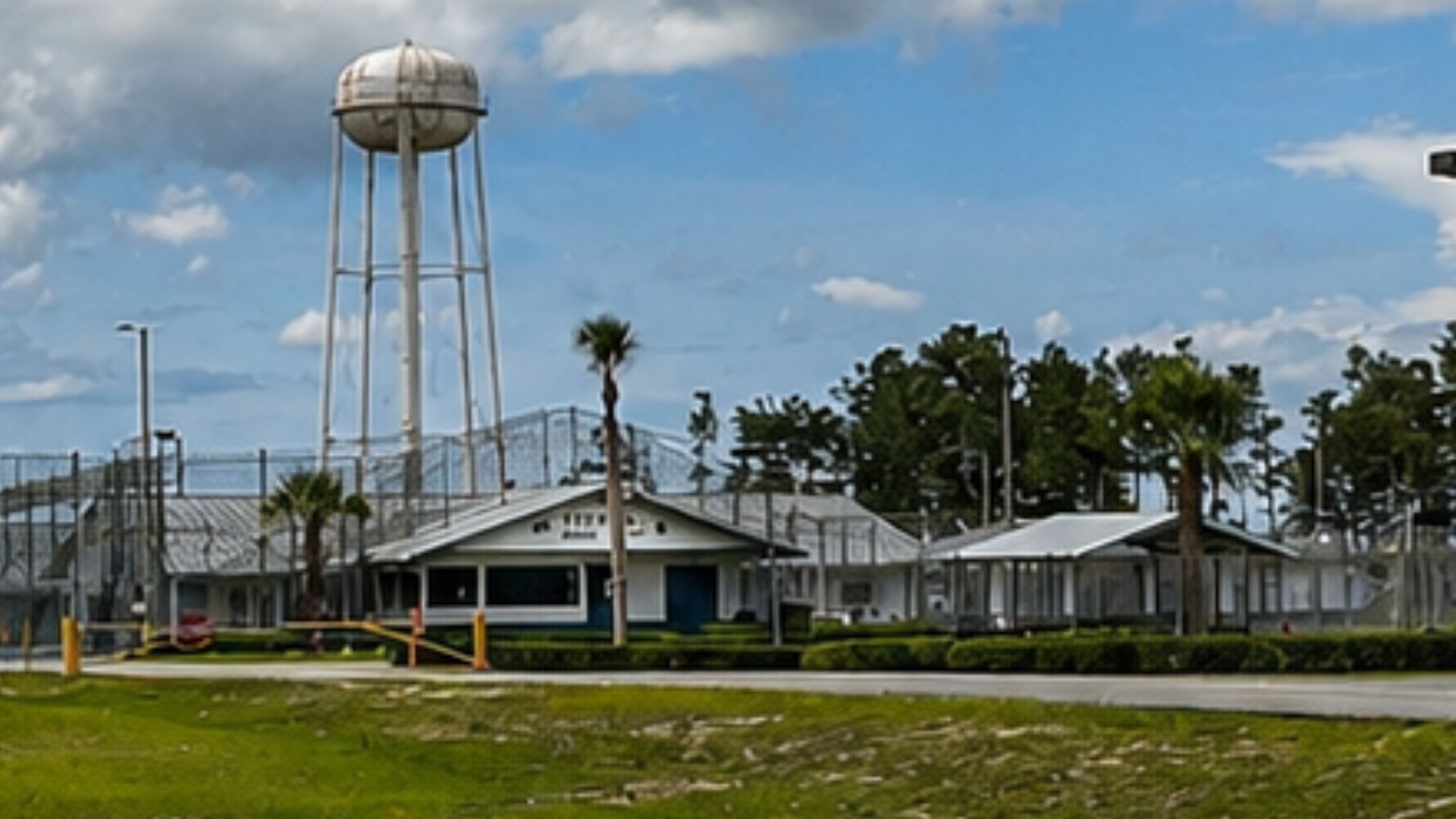 Correctional facility with a guard tower, fenced perimeter, and secure buildings under a cloudy sky.