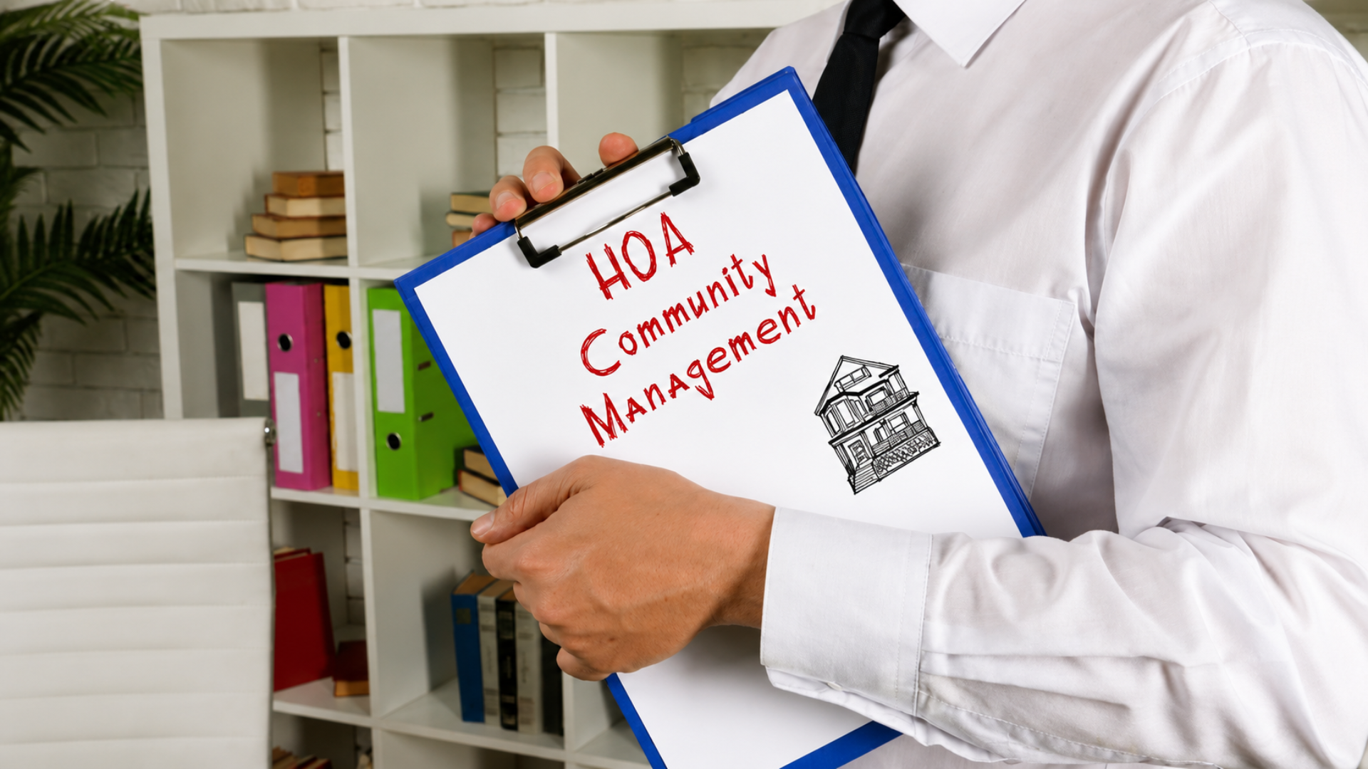 A person holding a clipboard that reads "HOA Community Management" with a drawing of a house.