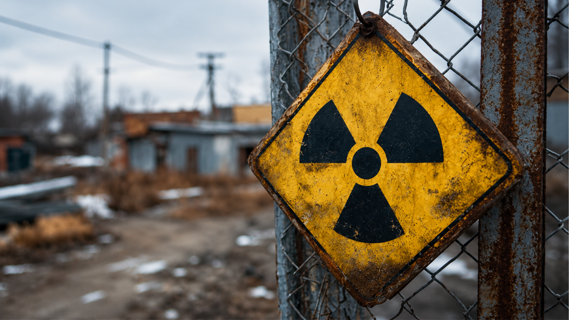 A weathered yellow radioactive warning sign hanging on a chain-link fence at a contaminated site.
