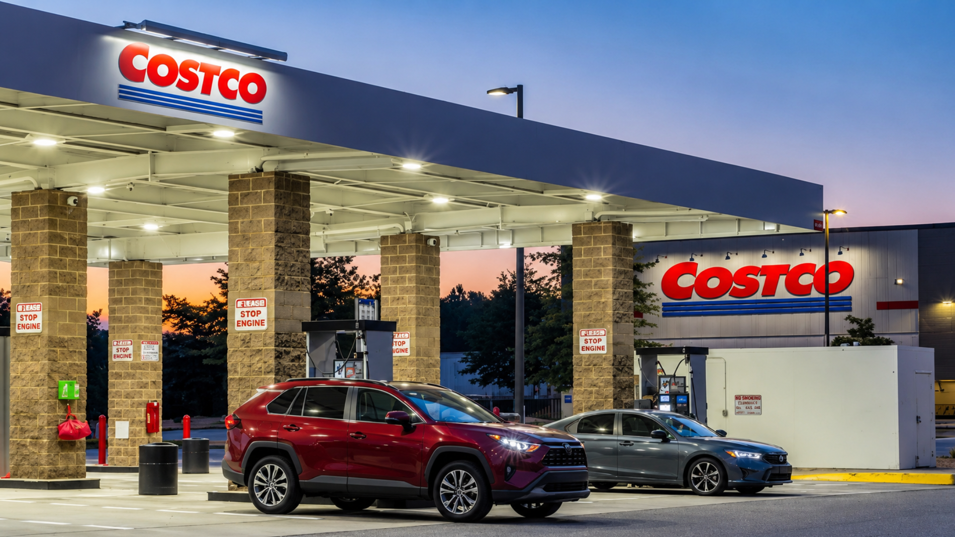 Vehicles fueling at a modern Costco gasoline station under a brightly lit canopy at dusk.