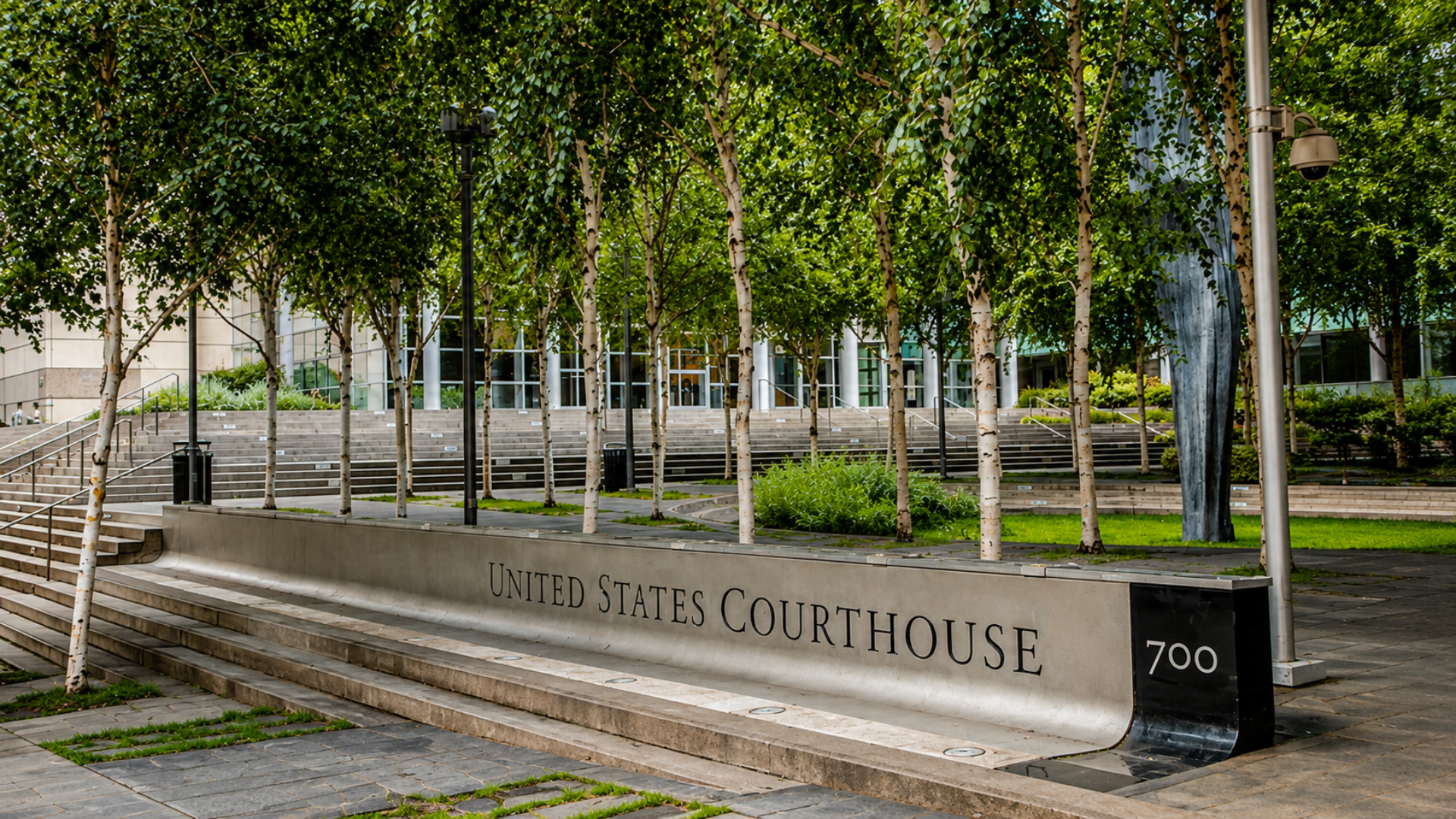 Exterior view of a United States Courthouse entrance with birch trees and concrete steps.