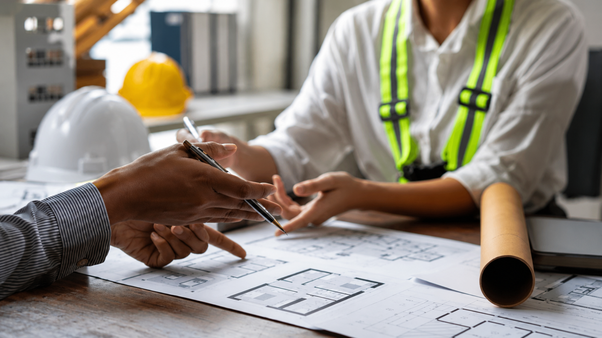 Two architects reviewing floor plan blueprints on a table with a rolled blueprint and hard hats nearby.