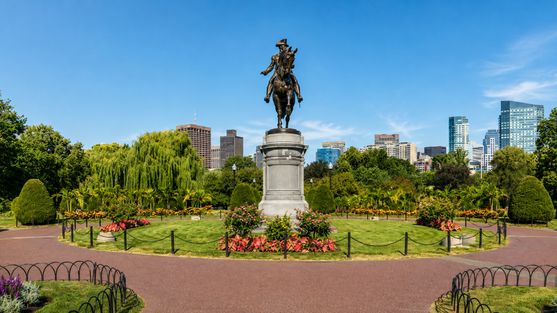 Equestrian statue on a stone pedestal surrounded by formal gardens with a city skyline in the background.