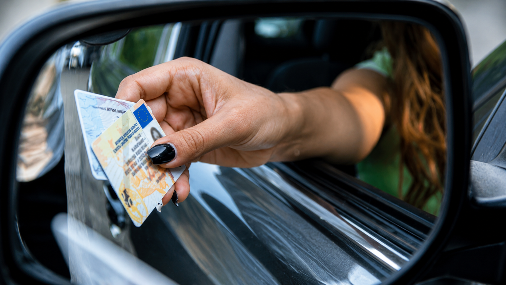 A driver holding out an identification card through an open car window, seen in the side mirror reflection.