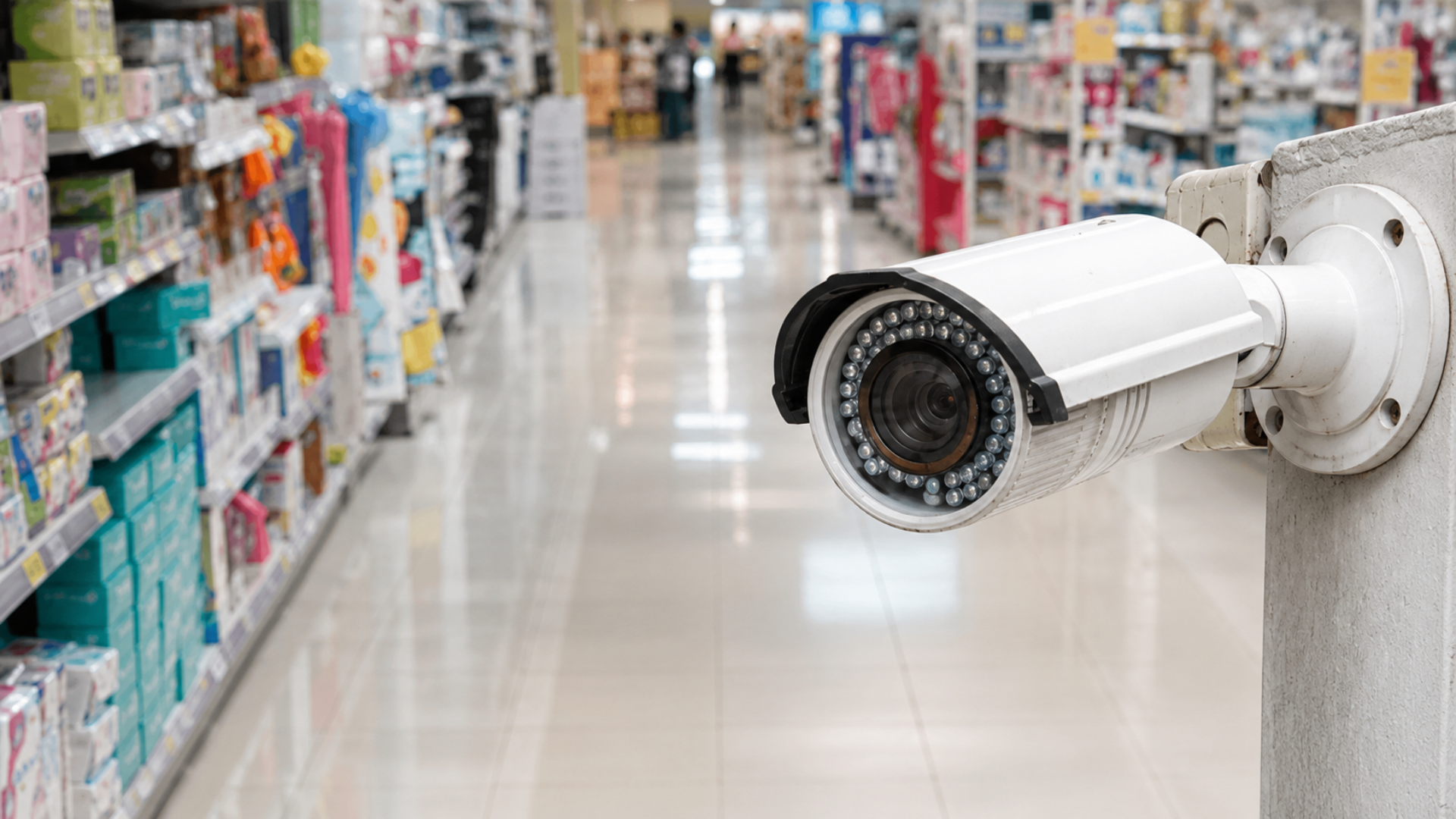 Security camera mounted in a retail store aisle.