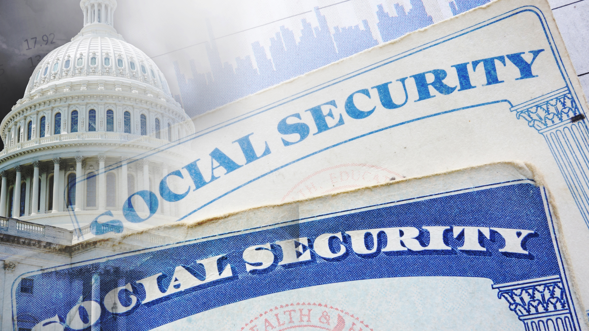 A graphic collage overlaying the U.S. Capitol building, a stock market chart, and blue Social Security cards.