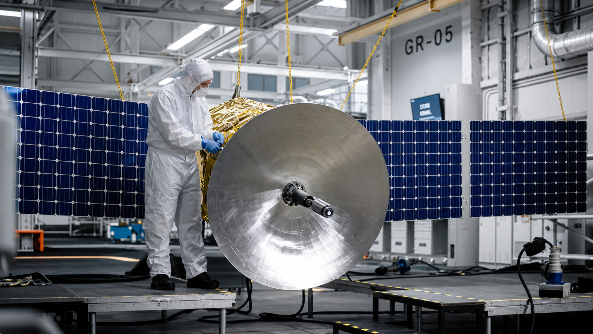 Technician inspecting a satellite component in a clean room.