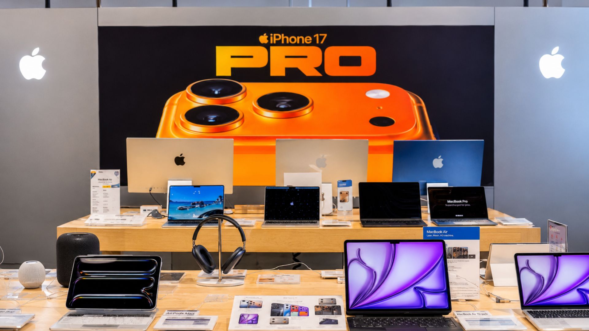 Apple Store display featuring Apple devices in front of an iPhone 17 Pro promotional display.