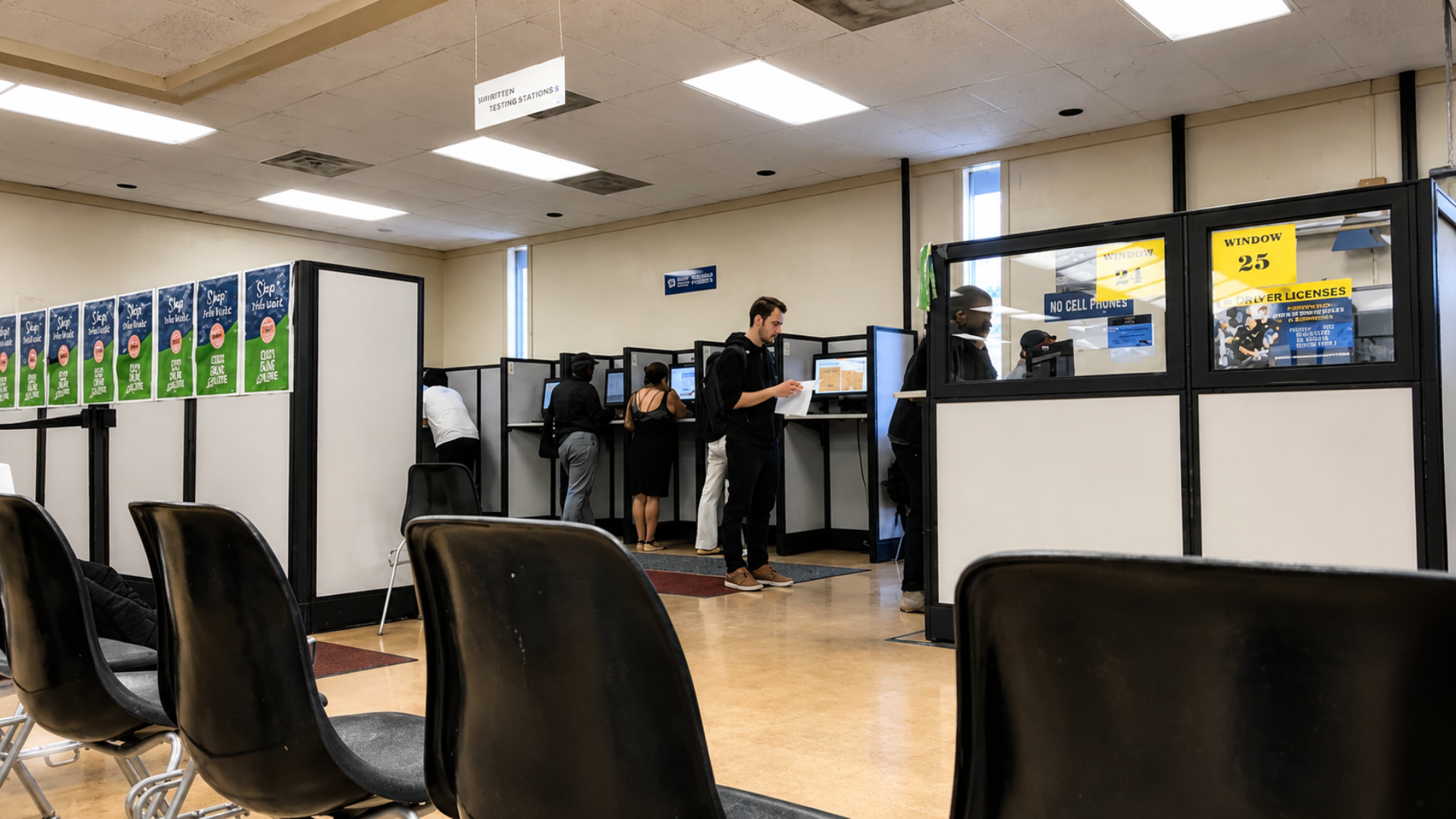 People taking written tests at a DMV office with driver license service windows.