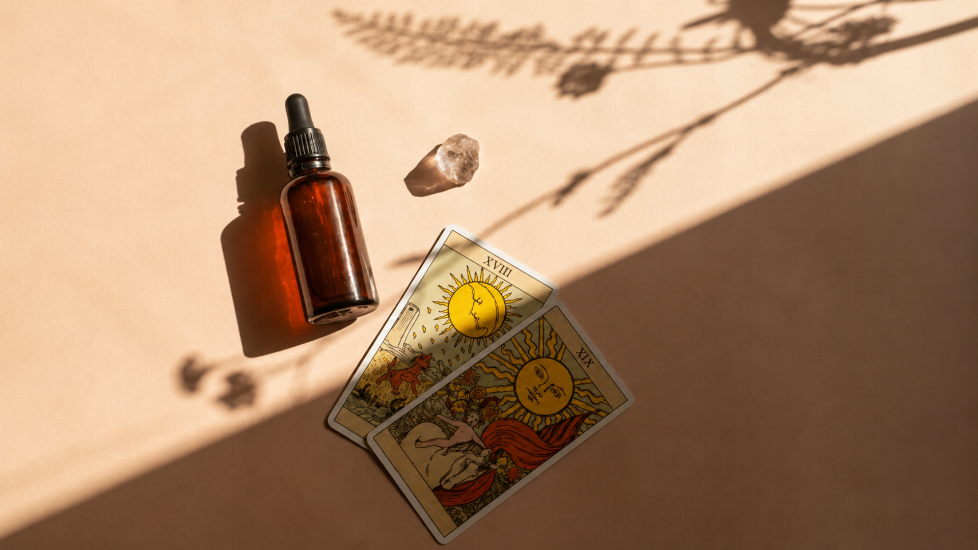Tarot cards, a crystal, and a dropper bottle arranged in sunlight with plant shadows.