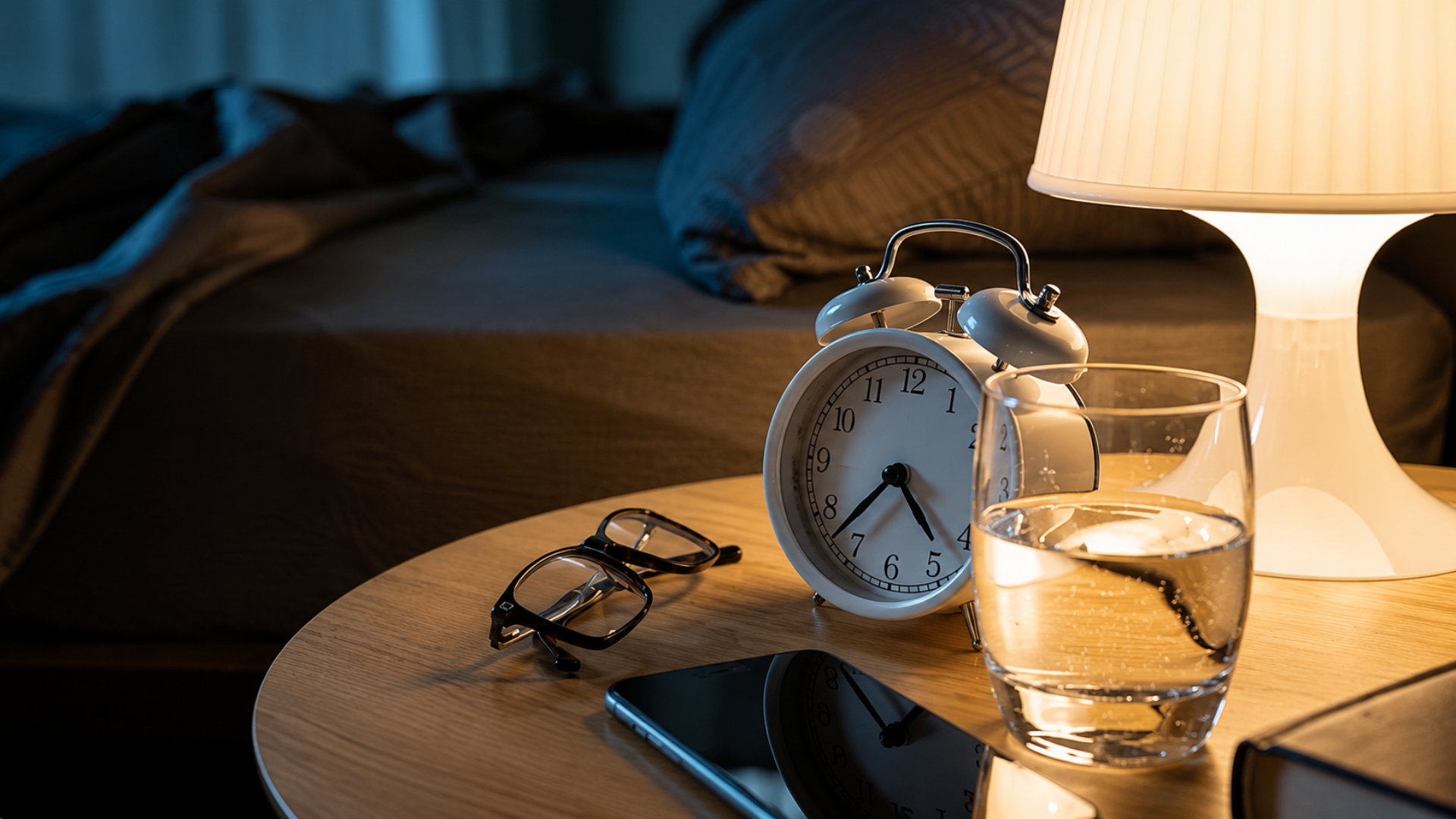 A white twin-bell alarm clock, a glass of water, eyeglasses, and a smartphone sitting on a wooden bedside table.