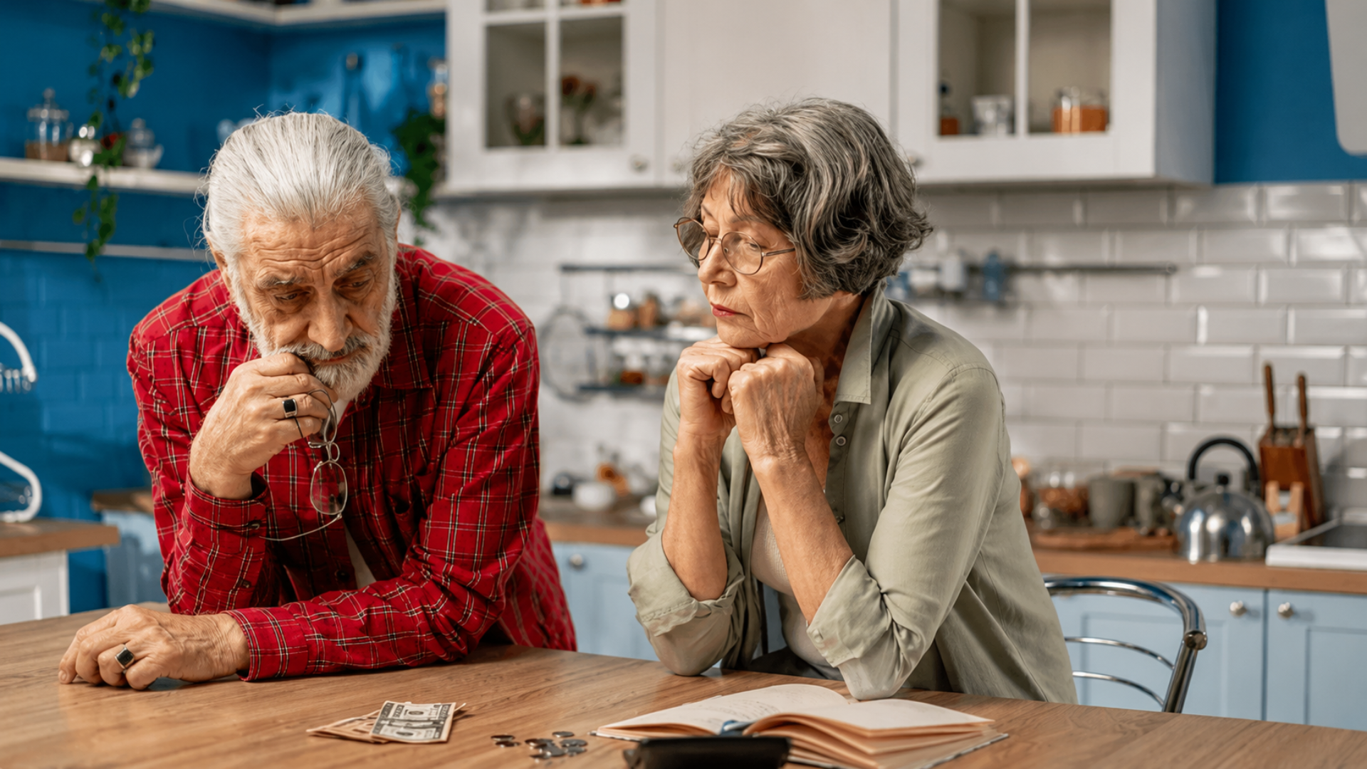 A couple sitting at a kitchen table looking concerned over bills and cash.