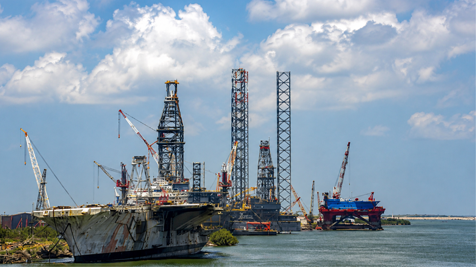Large industrial vessels, offshore drilling platforms, and cranes stationed along the water at the Port of Brownsville.