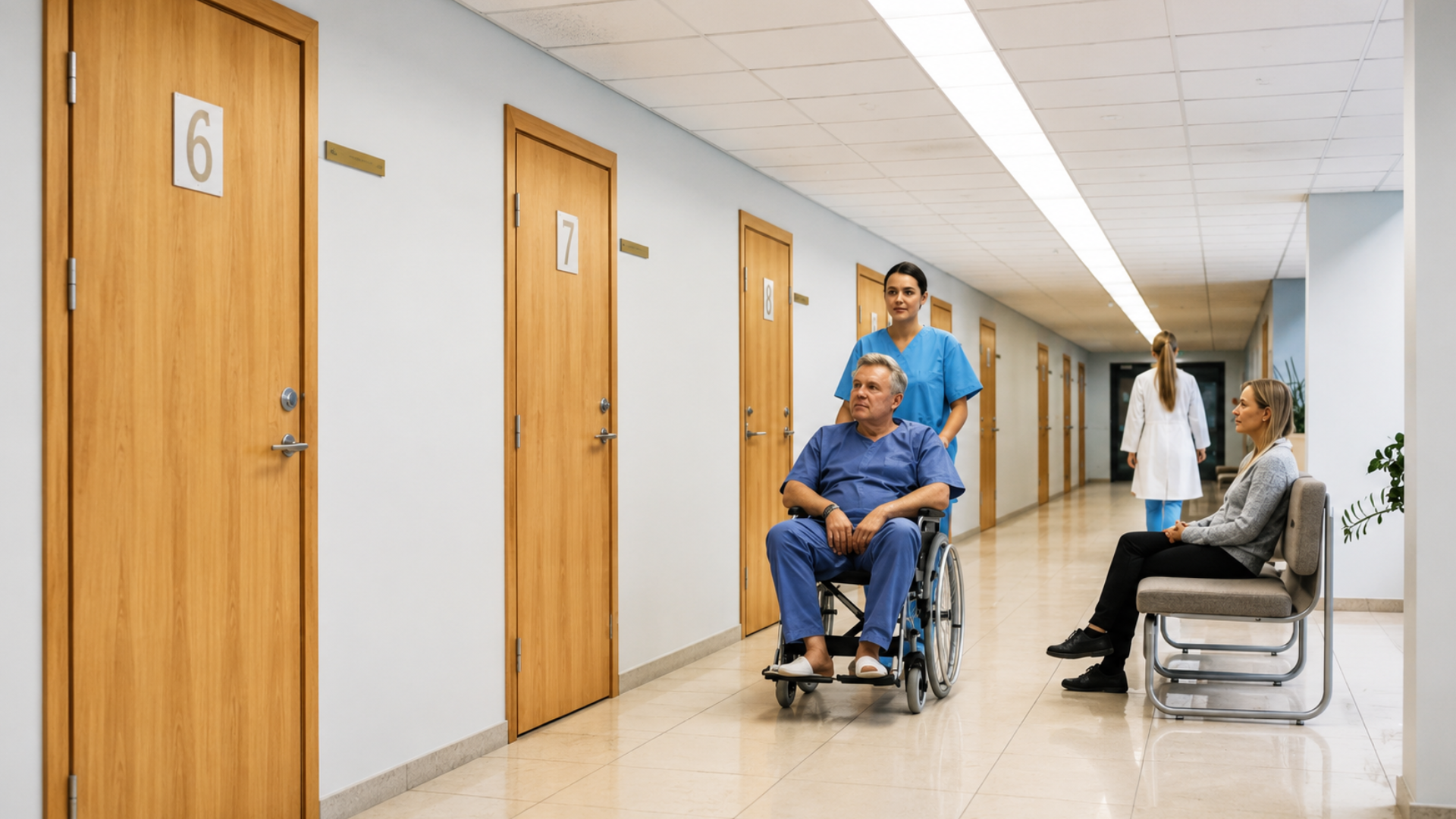 A nurse pushes a male patient in a wheelchair down a hospital hallway lined with numbered clinic doors.