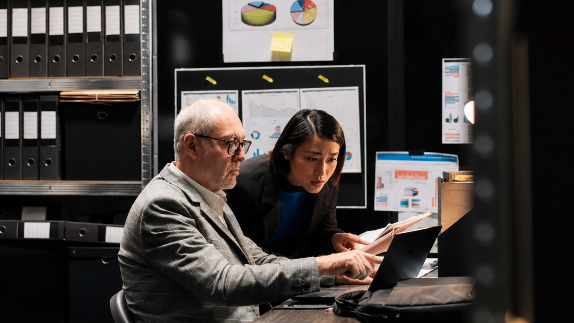 Two workers reviewing documents and data charts on a laptop.