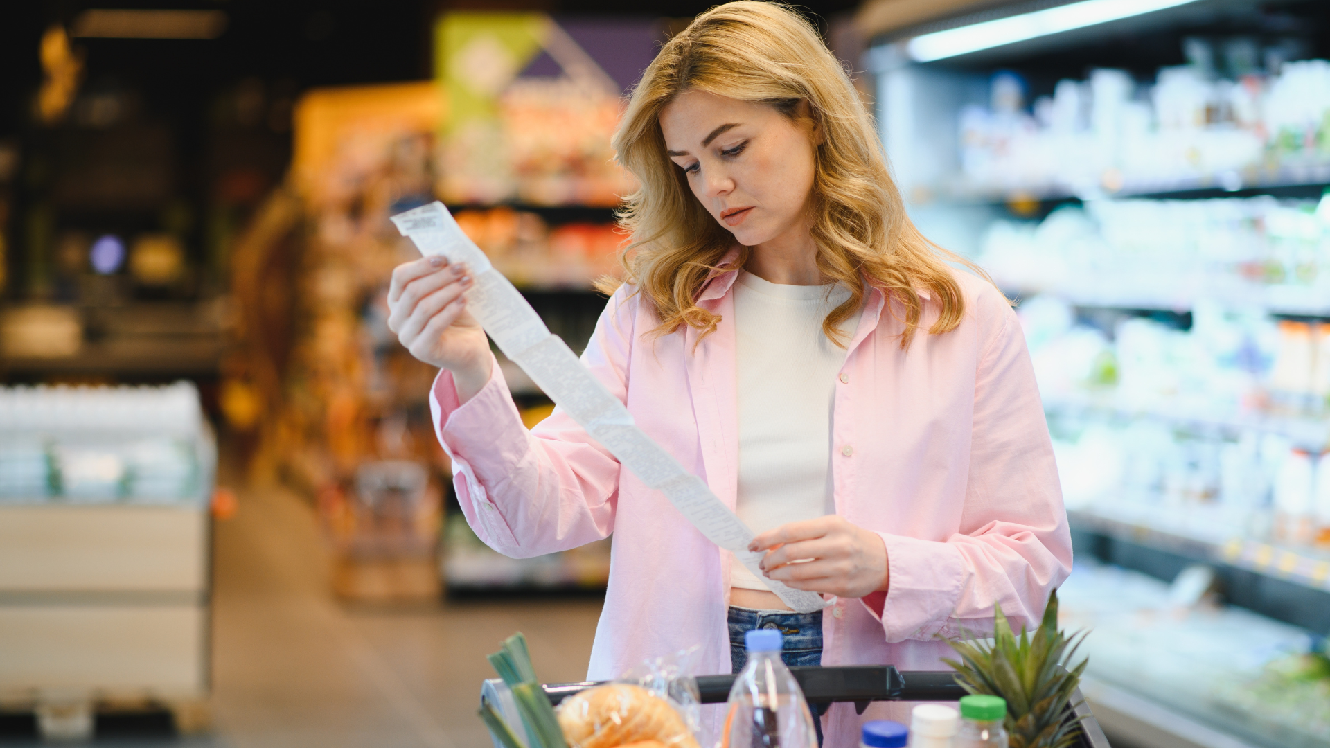 A concerned blonde woman reviewing a long receipt while standing next to her grocery cart in a store aisle.