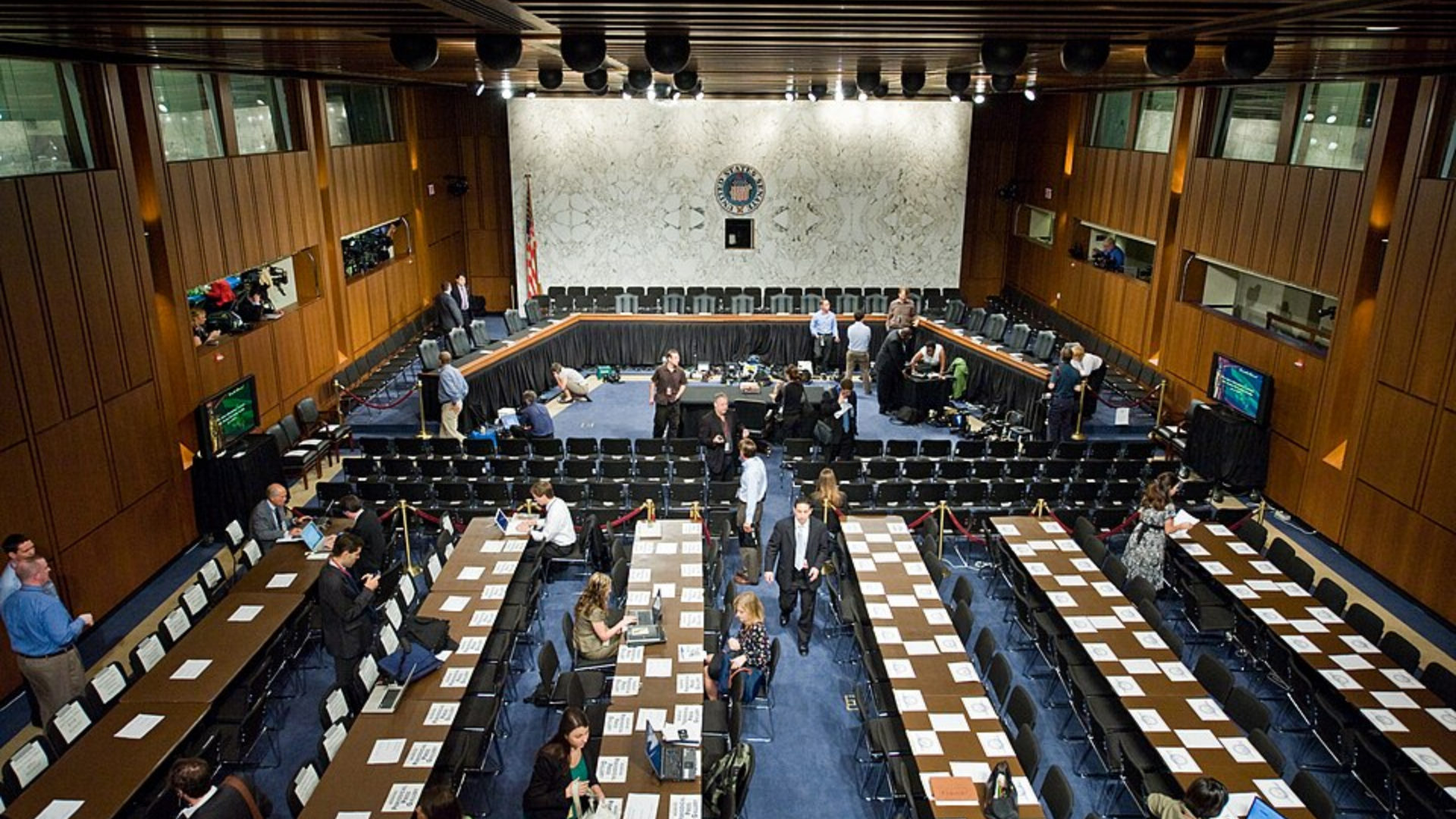 Senate committee hearing room prepared for a congressional hearing on Capitol Hill.