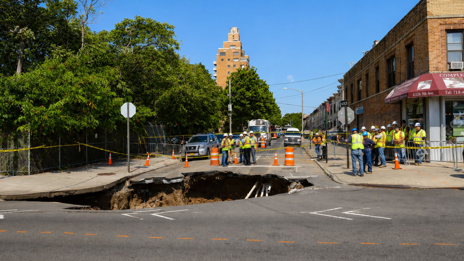 A large sinkhole blocks a city intersection as utility crews secure the area with barricades and traffic cones.
