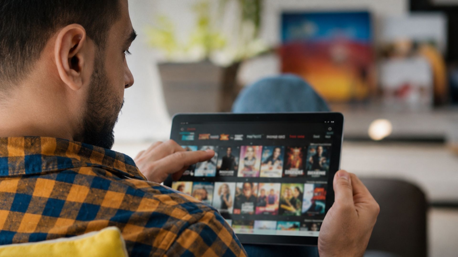 Person browsing movies and TV shows on a tablet using a streaming app at home.