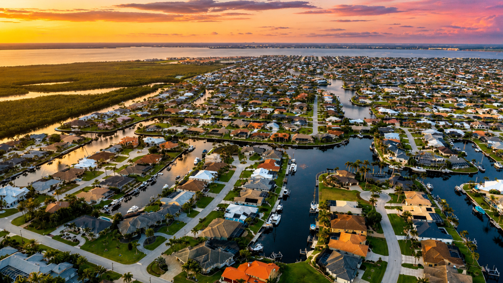 A wide aerial view of a coastal suburban neighborhood in Florida during a colorful sunset.