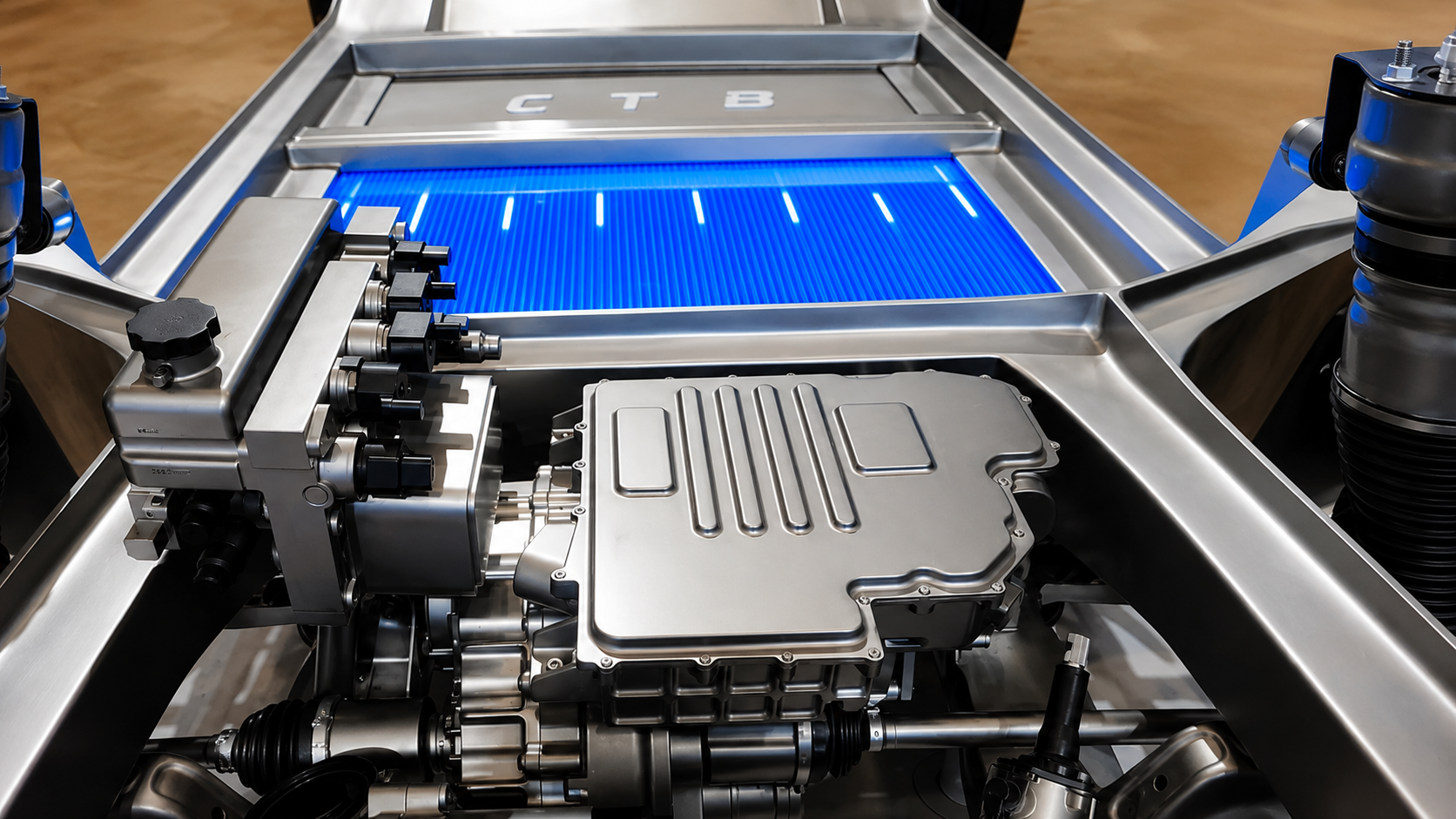 Electric vehicle battery pack and drivetrain components displayed in a chassis.