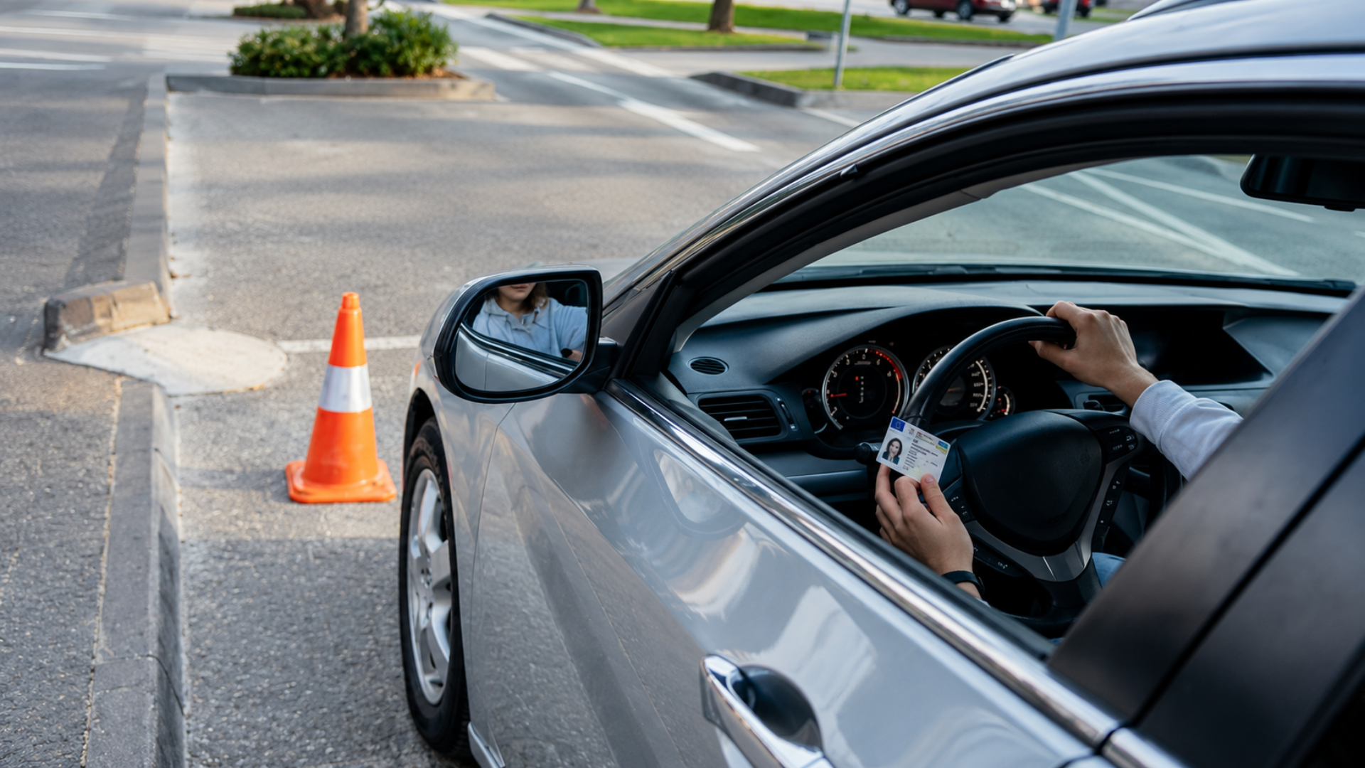 A driver sitting in a car holding a driver's license while gripping the steering wheel.