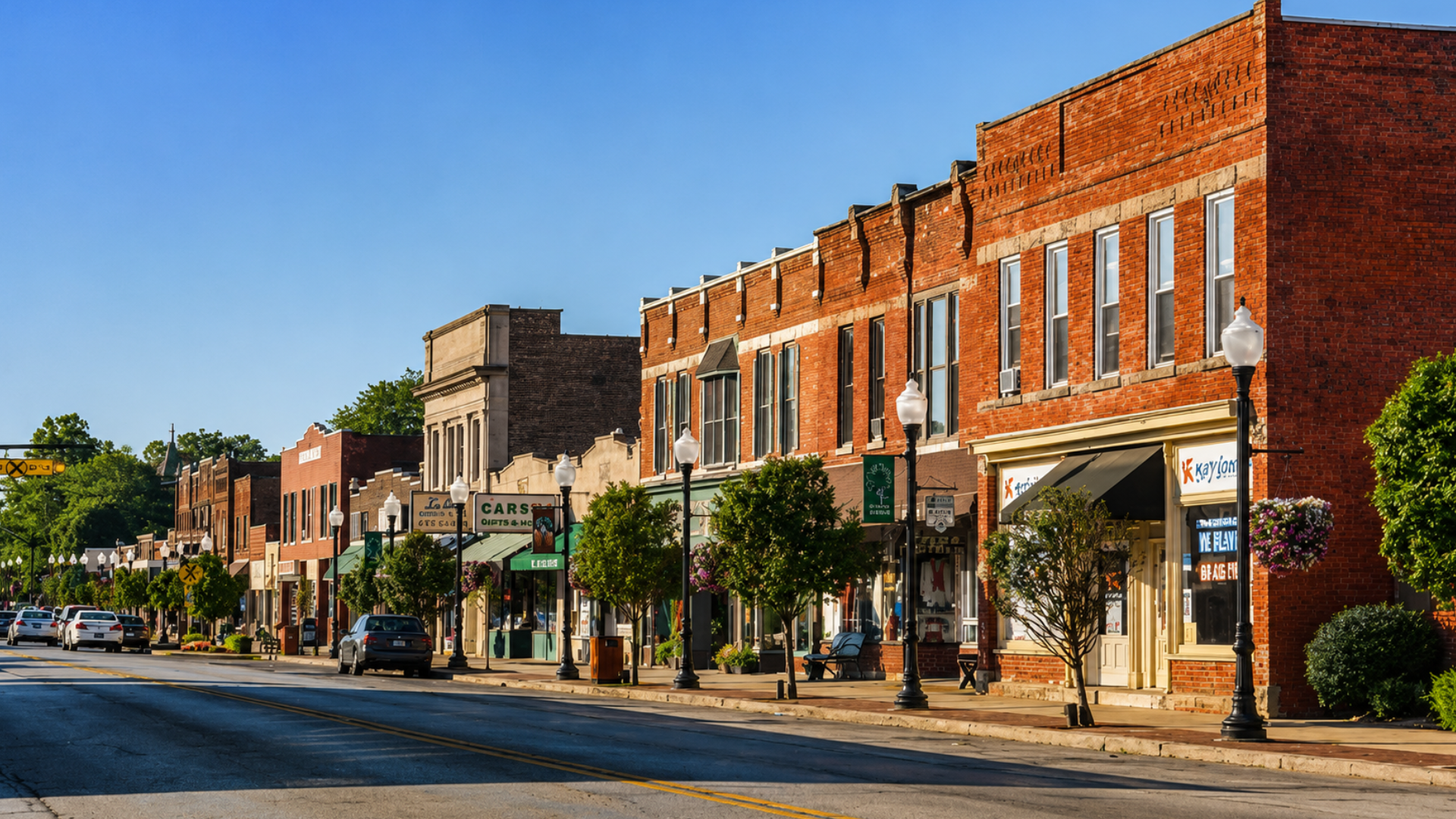 A sunny, wide-angle view of a historic American small-town main street lined with brick buildings, storefronts, and street lamps.