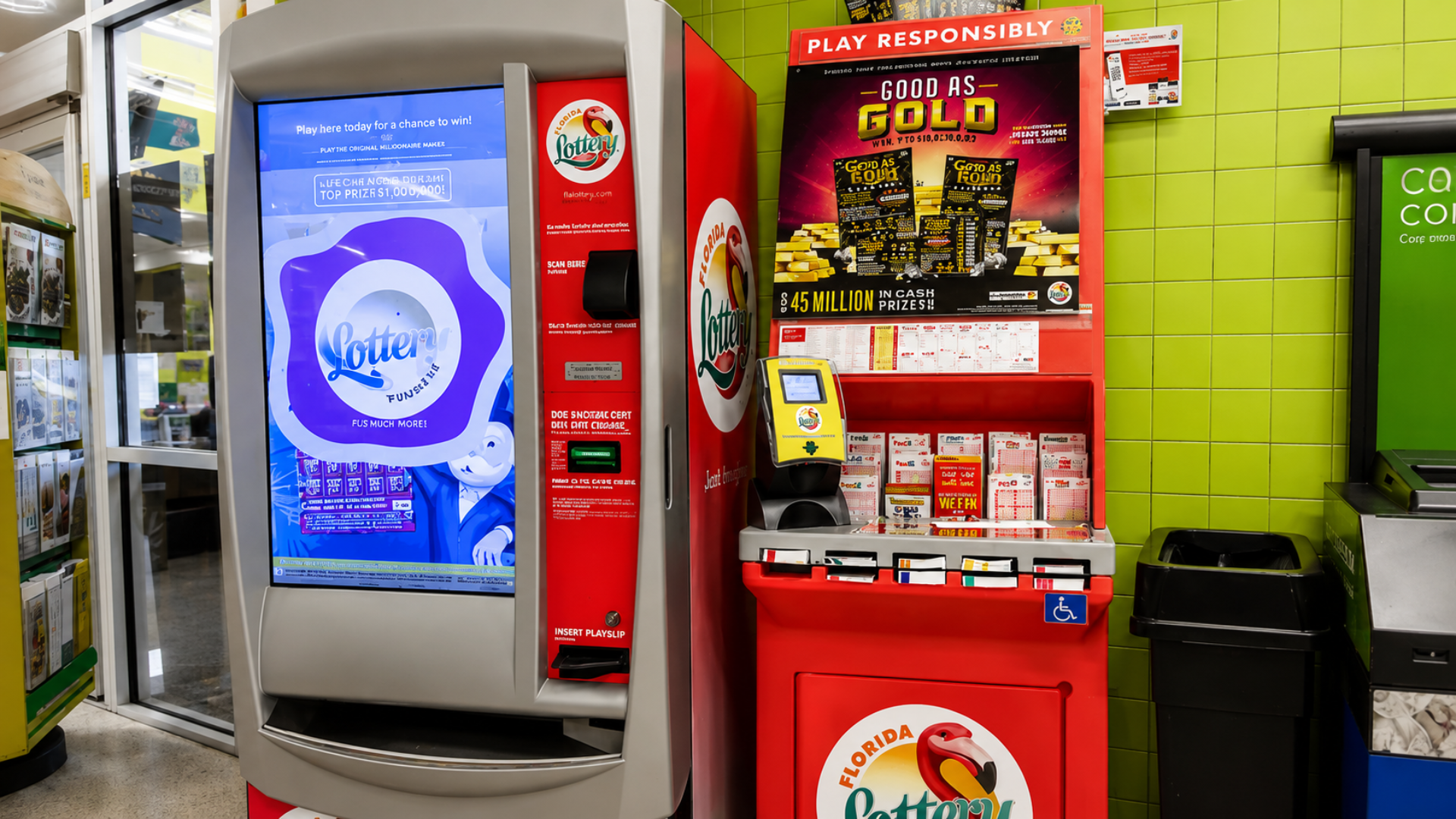 Florida Lottery machines and ticket display inside a store.