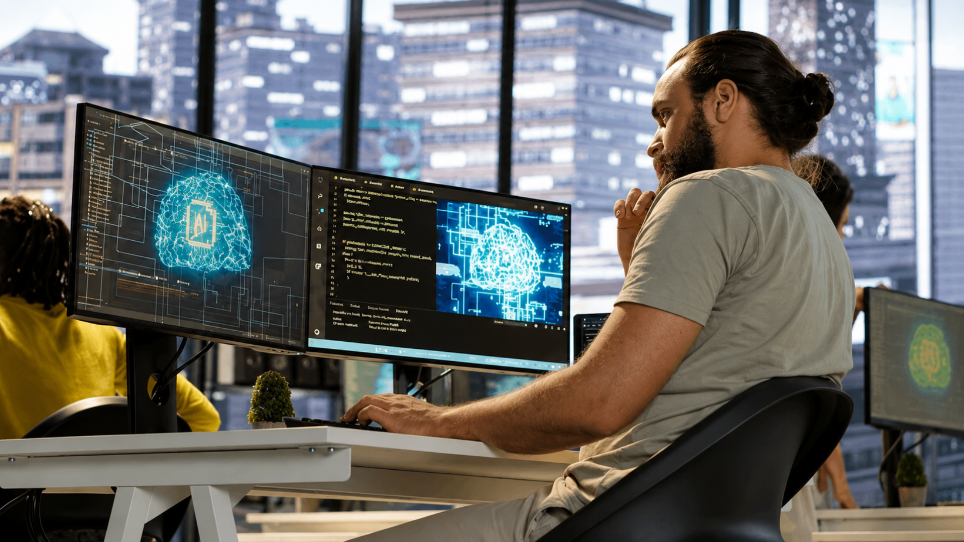Workers viewing AI software and code on computer monitors in an office.