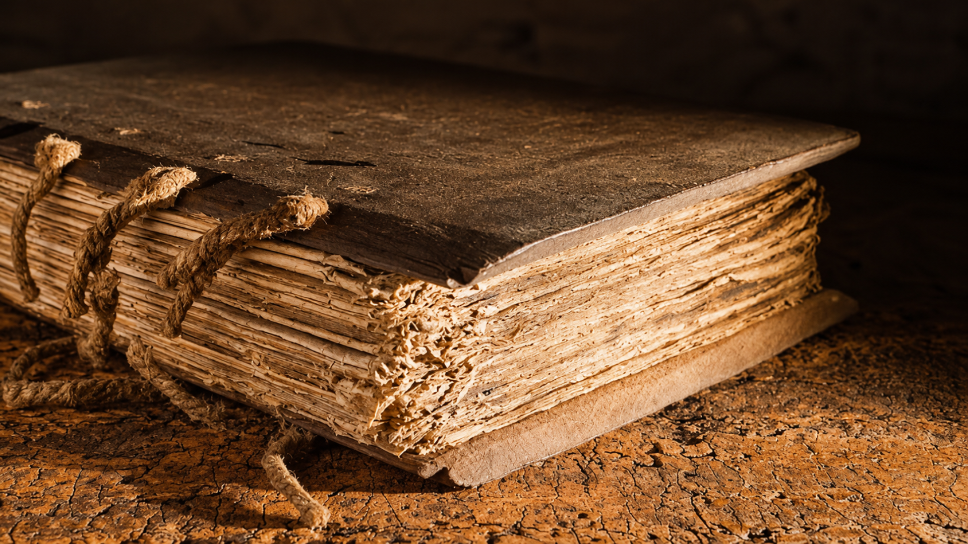 Close-up of an aged handmade book with worn pages and a rope-bound spine resting on a wooden surface.