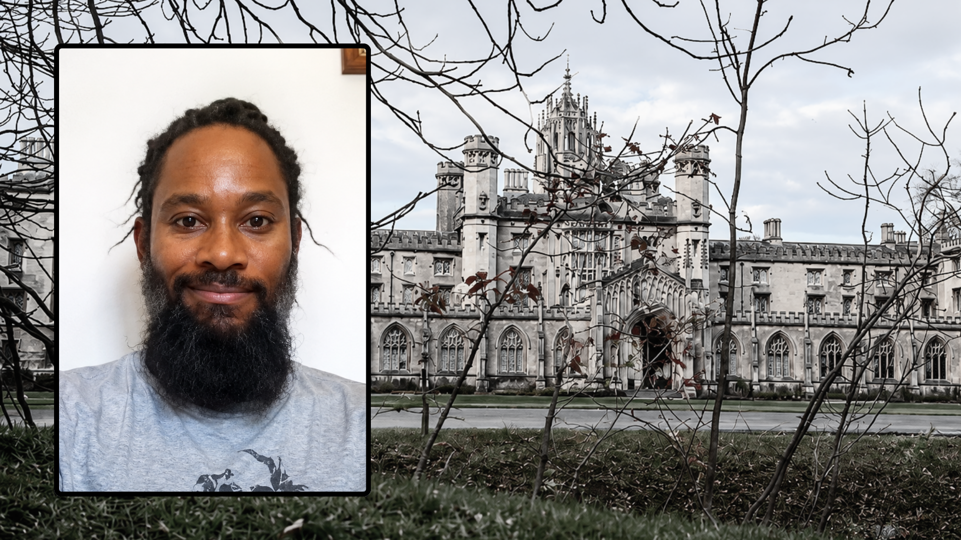 Portrait of Professor Jason Arday set against the historic architecture of Cambridge University.