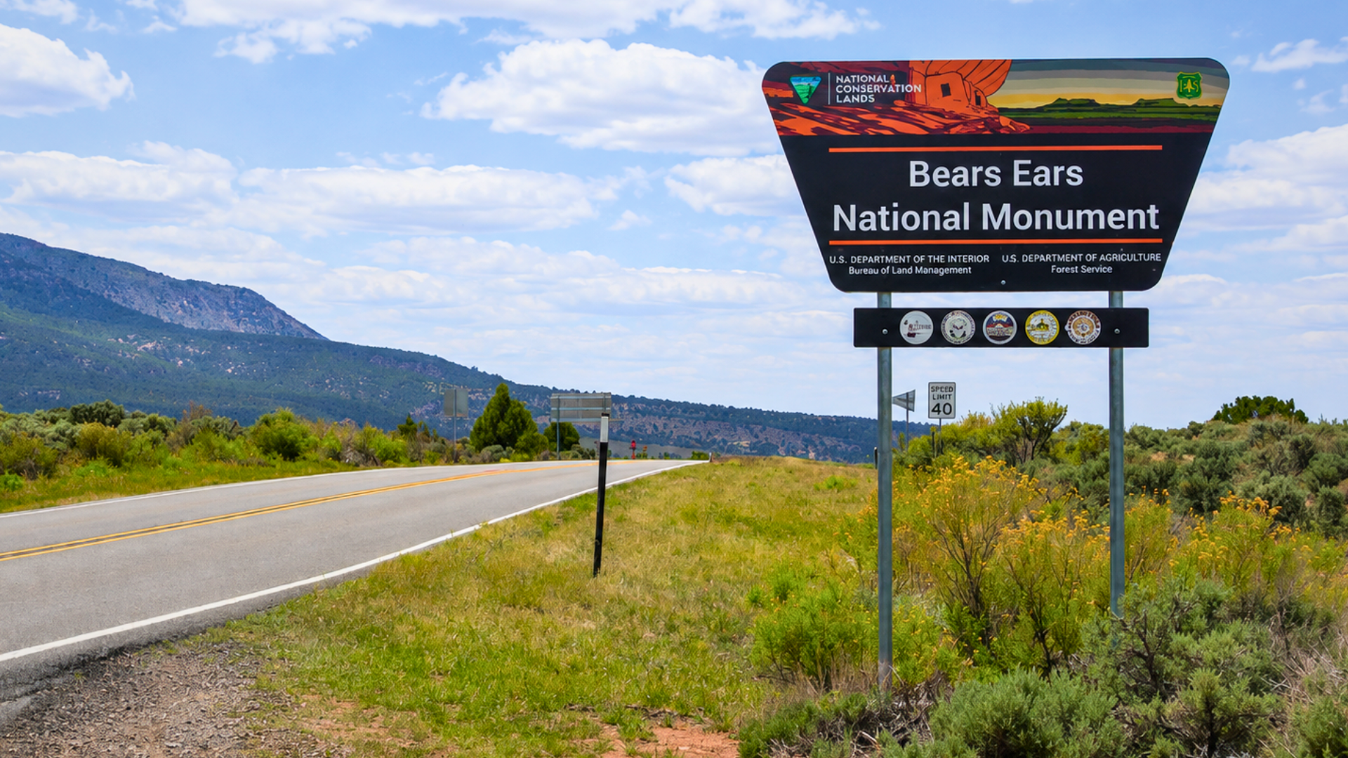 Bears Ears National Monument sign beside a highway in southeastern Utah.