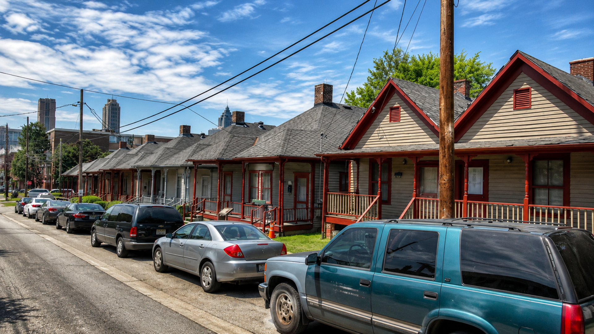 Line of parked cars outside a row of single-story homes with red trim.